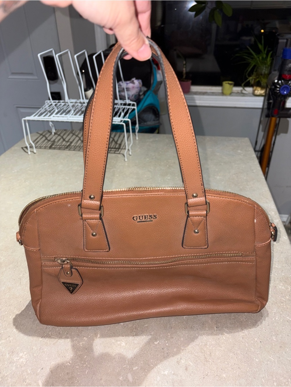 GUESS Brown Leather Satchel with Front Zip Pocket